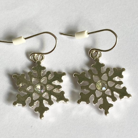 Snowflake Earrings Silver Plated AB Crystals Christmas Winter Snow Holiday X-Mas - Picture 9 of 12